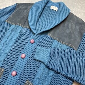 Vintage Suede Knit Cardigan Sweater Mens L‎ Blue Cable Knit Birdseye Pockets USA